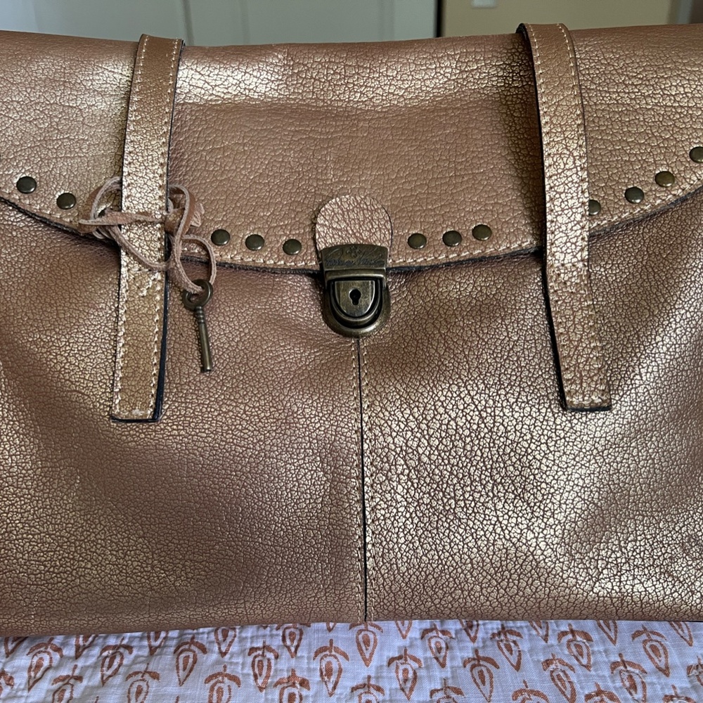 PATRICIA NASH GOLD LEATHER BRIEFCASE BAG LOCKING SHOULDER HANDBAG PURSE TOTE KEY